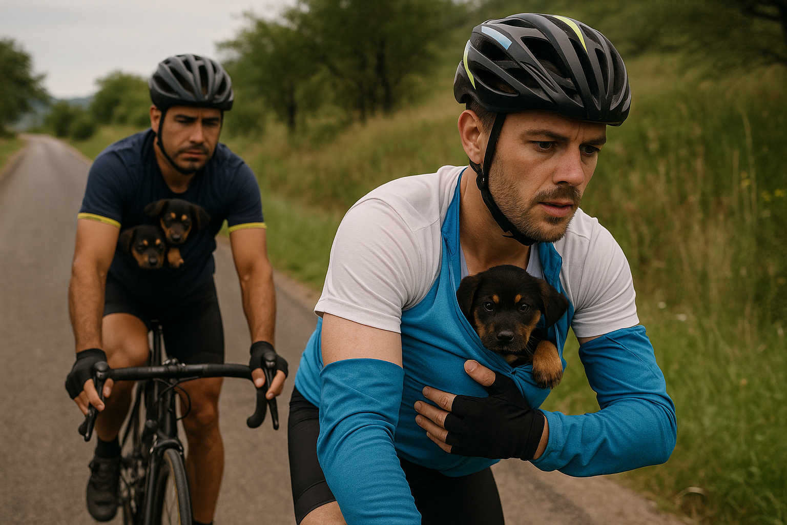 Dos ciclistas hallaron seis cachorros abandonados en plena ruta y los salvaron llevándolos pegados al cuerpo