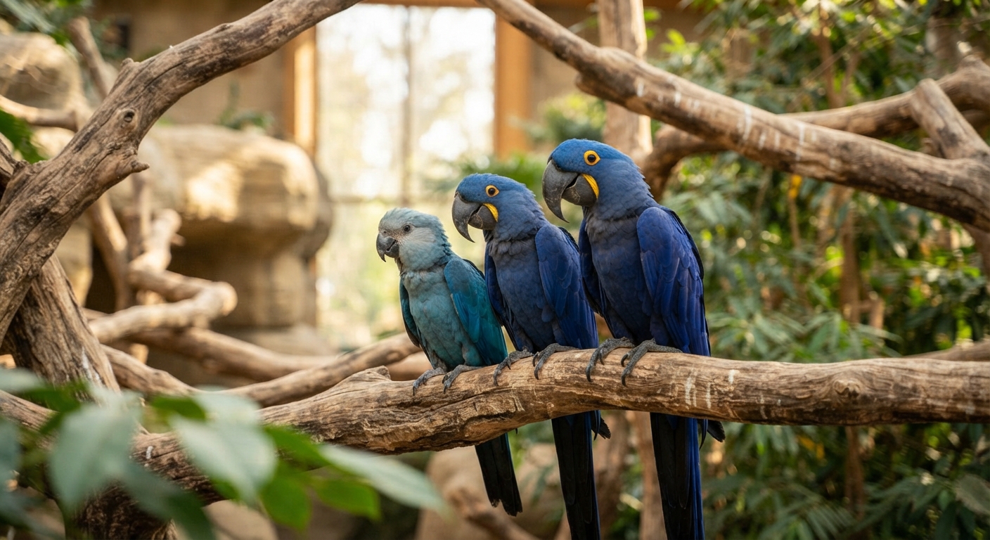 💙 Un zoológico belga logró criar con éxito a las tres especies de guacamayos azules del mundo